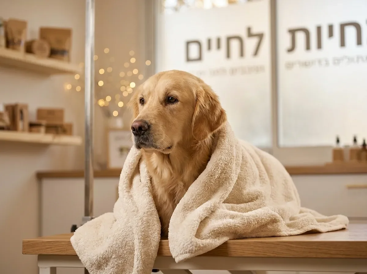 כלב רחוץ ונינוח עטוף במגבת רכה במכון טיפוח