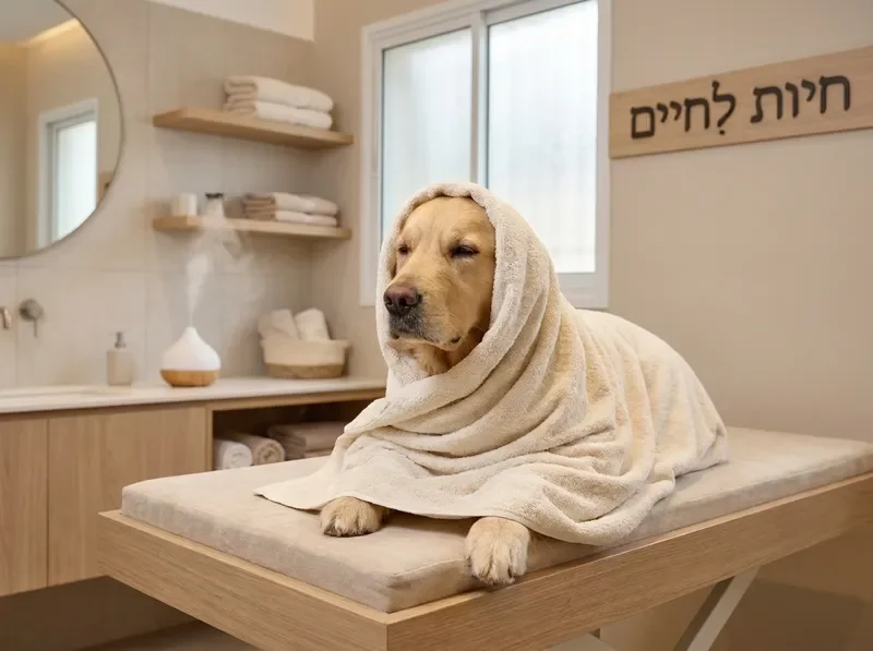 כלב עטוף במגבת רכה לאחר רחצה